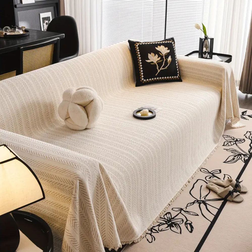 WeaveCraft - Textured Herringbone Chenille Sofa Cover with Tassel Trim