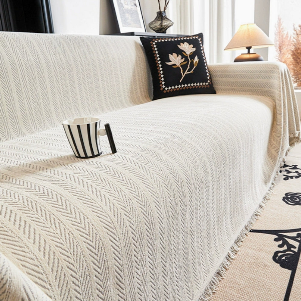 WeaveCraft - Textured Herringbone Chenille Sofa Cover with Tassel Trim