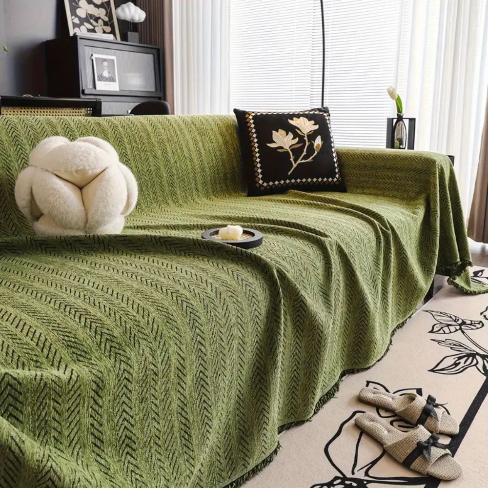 WeaveCraft - Textured Herringbone Chenille Sofa Cover with Tassel Trim