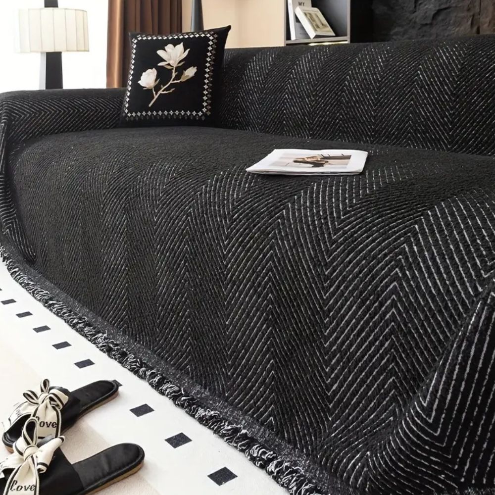 CozyGuard - Protective Herringbone Sofa Cover with Fringe Detail