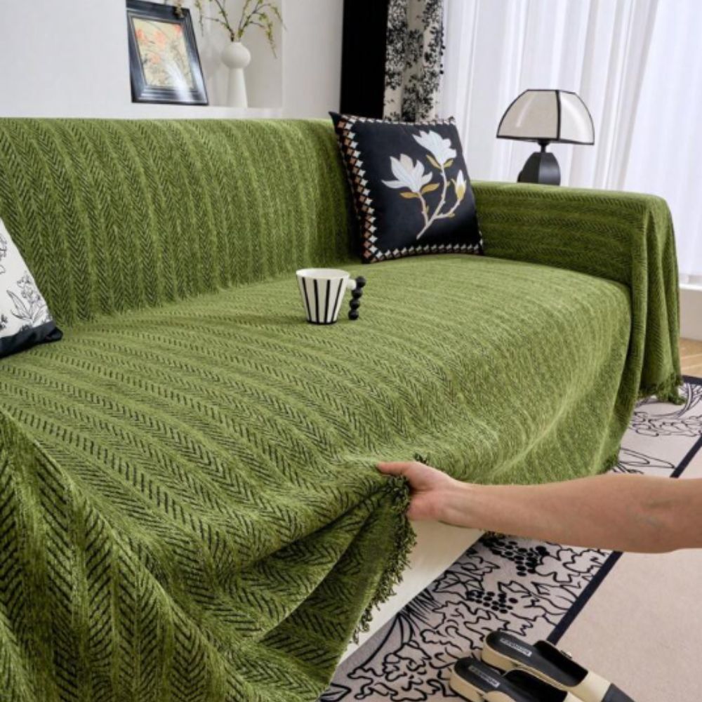WeaveCraft - Textured Herringbone Chenille Sofa Cover with Tassel Trim