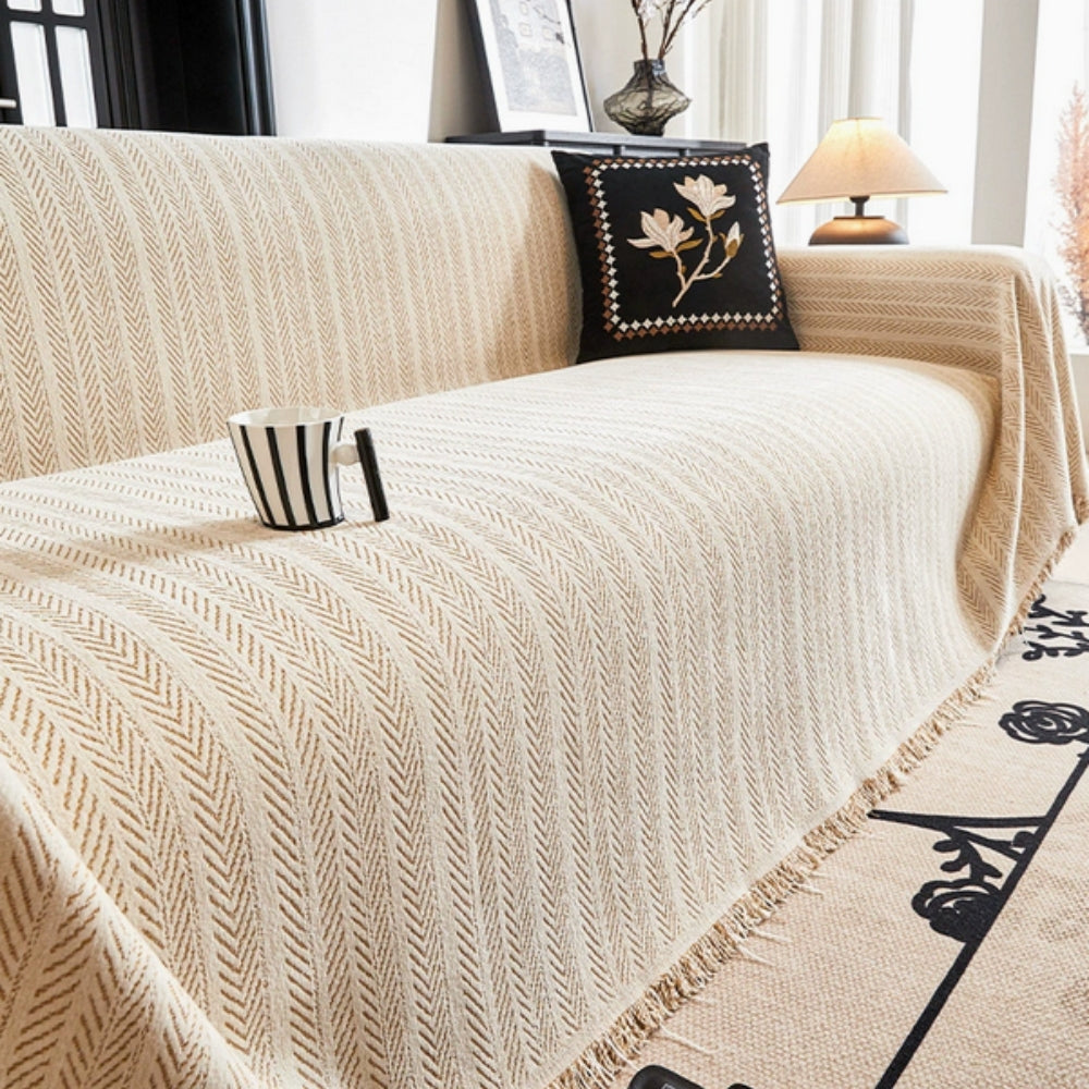 WeaveCraft - Textured Herringbone Chenille Sofa Cover with Tassel Trim
